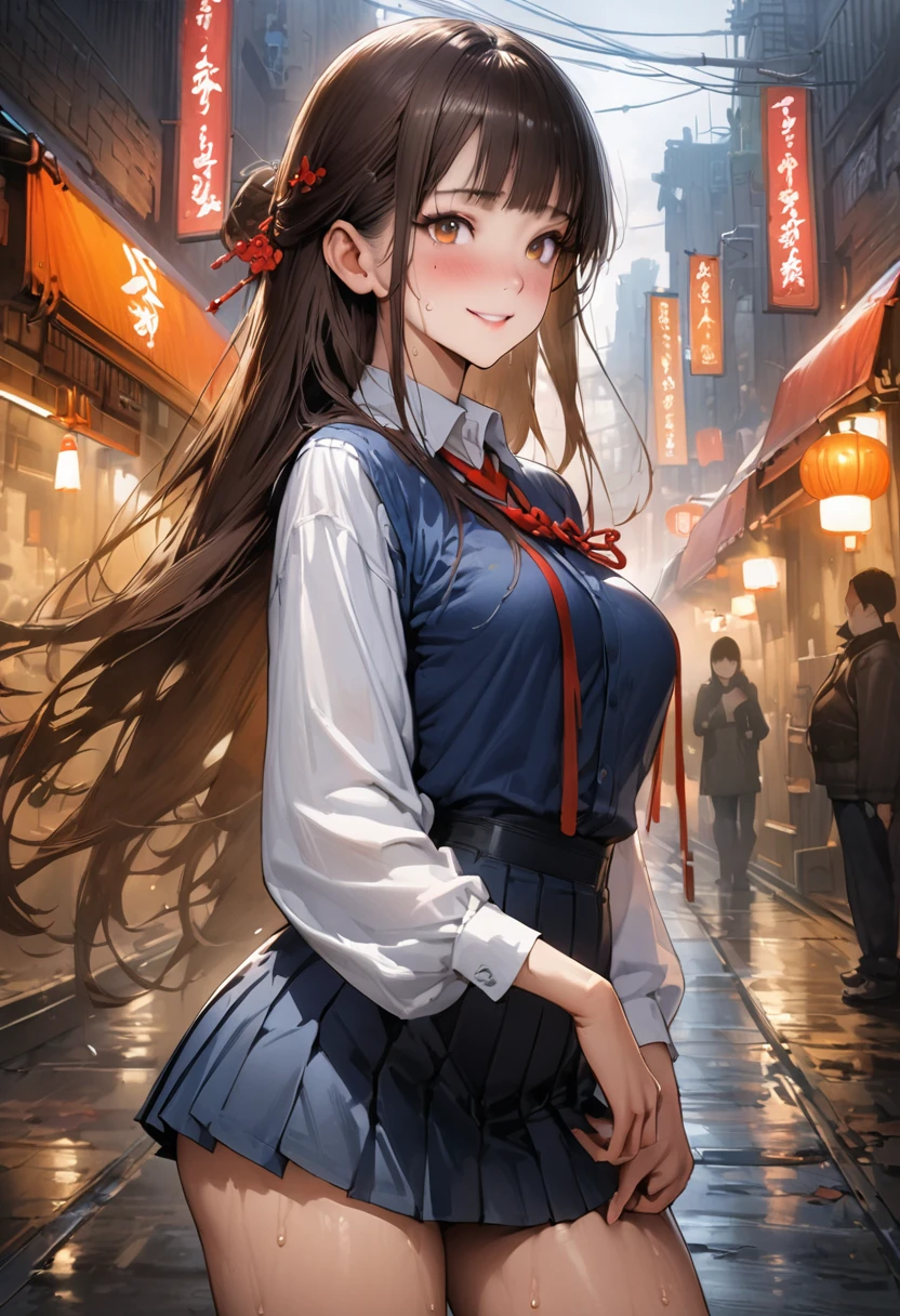 ((masterpiece,Highest quality:1.3,best quality illustration,realistic:1.3)),cowboy shot,独奏,1woman,(20-year-old、Japanese Beauty),dark brown hair,long hair,bangs,brown eyes,gorgeous eyes,(very small head:1.3),smile,(very long body:1.2,skinny),medium breasts,(Red ribbon tie、White long sleeve collared shirt、Navy blue pleated mini skirt),gleaming skin,toned body,slender body,sweat,standing,on street,neon、World of Blade Runner、