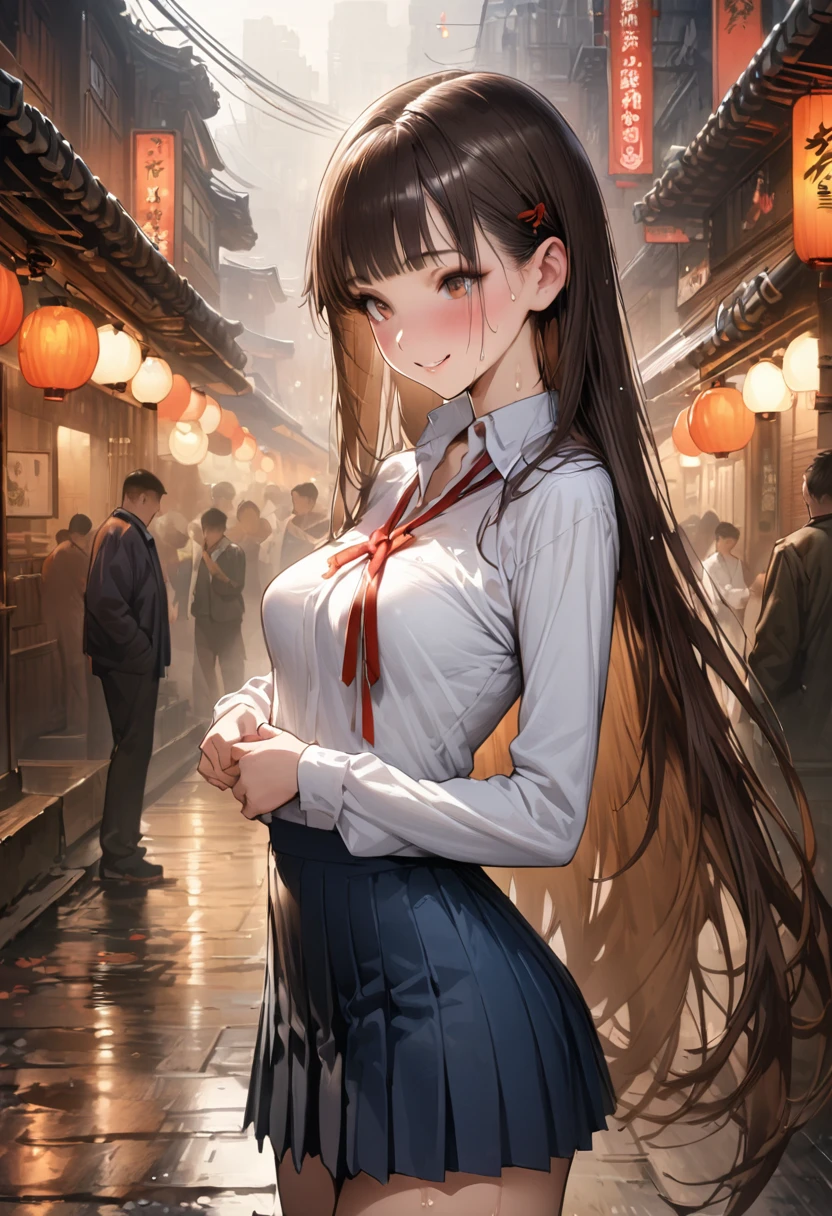 ((masterpiece,Highest quality:1.3,best quality illustration,realistic:1.3)),cowboy shot,独奏,1woman,(20-year-old、Japanese Beauty),dark brown hair,long hair,bangs,brown eyes,gorgeous eyes,(very small head:1.3),smile,(very long body:1.2,skinny),medium breasts,(Red ribbon tie、White long sleeve collared shirt、Navy blue pleated mini skirt),gleaming skin,toned body,slender body,sweat,standing,on street,neon、World of Blade Runner、