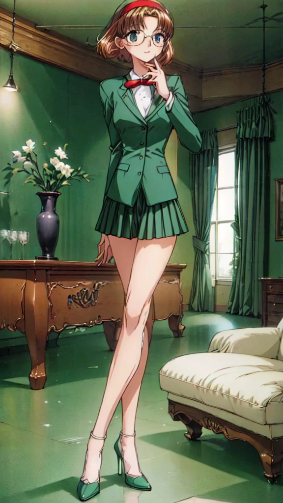 fuu hououji, 4k portrait, looking at viewer, 1girl,short hair,light brown hair,Glasses,((red hairband)),green blazer,mini skirt,(green high heels:1.4), smile,masterpiece,Noise Reduction,perfect anatomy,high resolution, ultra-detailed,game cg,dutch angle ,beautiful detailed eyes,visualart,five fingers, perfect hands, perfect lighting,BREAK full body, standing,arms at sides, BREAK (indoor:1.6), (living room:1.4)