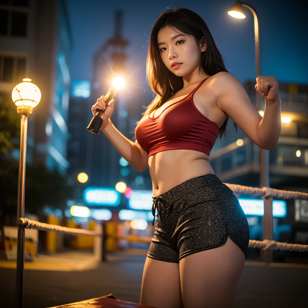1人of女of子,alone,Long Hair,Rough skin,(View your viewers:1.2),Wet Hair,micro_Shorts,dark, (Globe:1.3), Polaroid,(depth_of_Field:1.5),雨of日, Boxing Gym, 目of間of毛,Moody lighting,Tyndall effect,Cinema Lighting,night,lamp post,Lens flare,Available Light,Rim Light,Shining neon lights,Curvy,Chinese_style,
