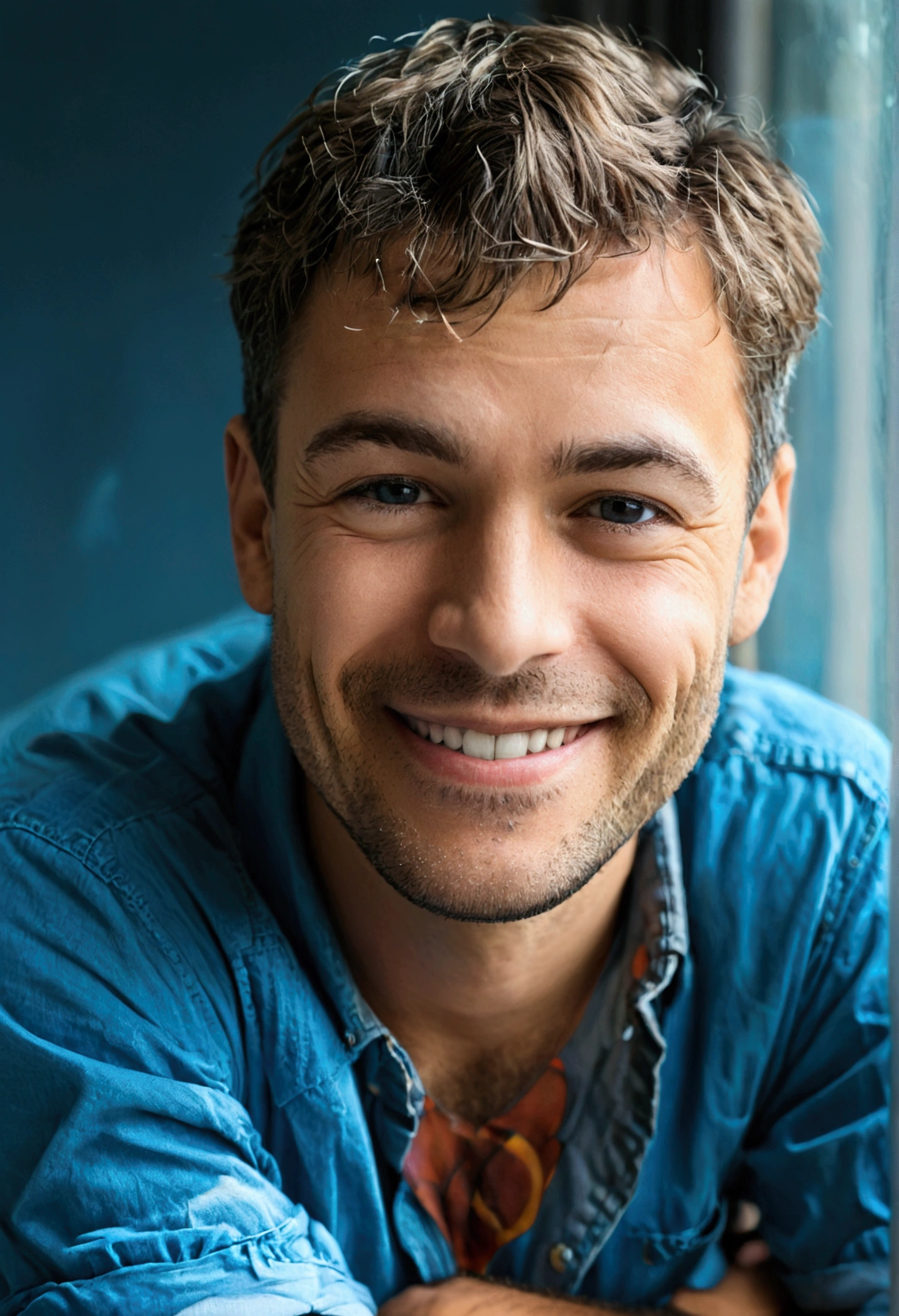 Man with short hair, smiling, in a blue shirt, arms crossed and with a transparent background.