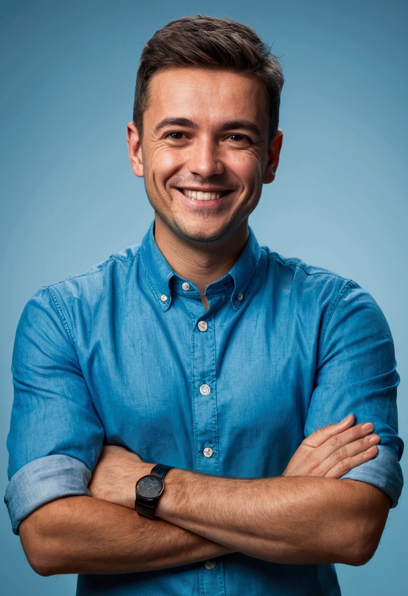 Man with short hair, smiling, in a blue shirt, arms crossed and with a transparent background.