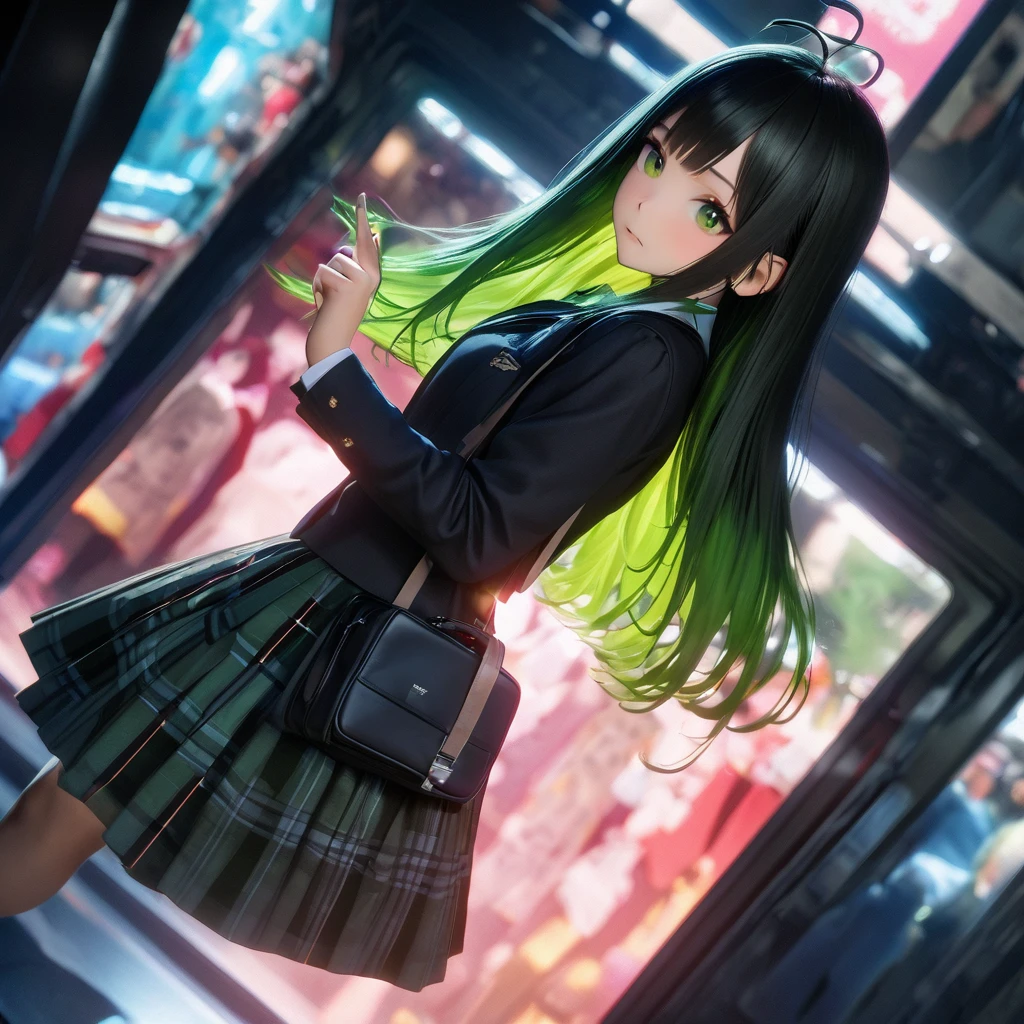 background crowded train of Tokyo, dutch_angle, (masterpiece, photo_real, official_art, octane_render):1.33, ice_photography, double exposure prism,
1 girl, black school bag throw sky, point your finger at, (perfect anatomy, perfect hands only 5fingers), (detailed green eyes, jet-black long_hair, colored inner green ombre hair multicolored hair,antenna hair):1.21, diffused_natural_skin_glow, headphone, staring, (in black/green combination_school blazer, tartan plaid skirt), cherubic_face, melancholy, eyebrows, black_leather_shoes, bespectacled, thrusting_hand_out, light shadow symmetry, ethereal lighting, ray tracing,
repaint (jet-black long_hair, colored inner green hair):1.21,