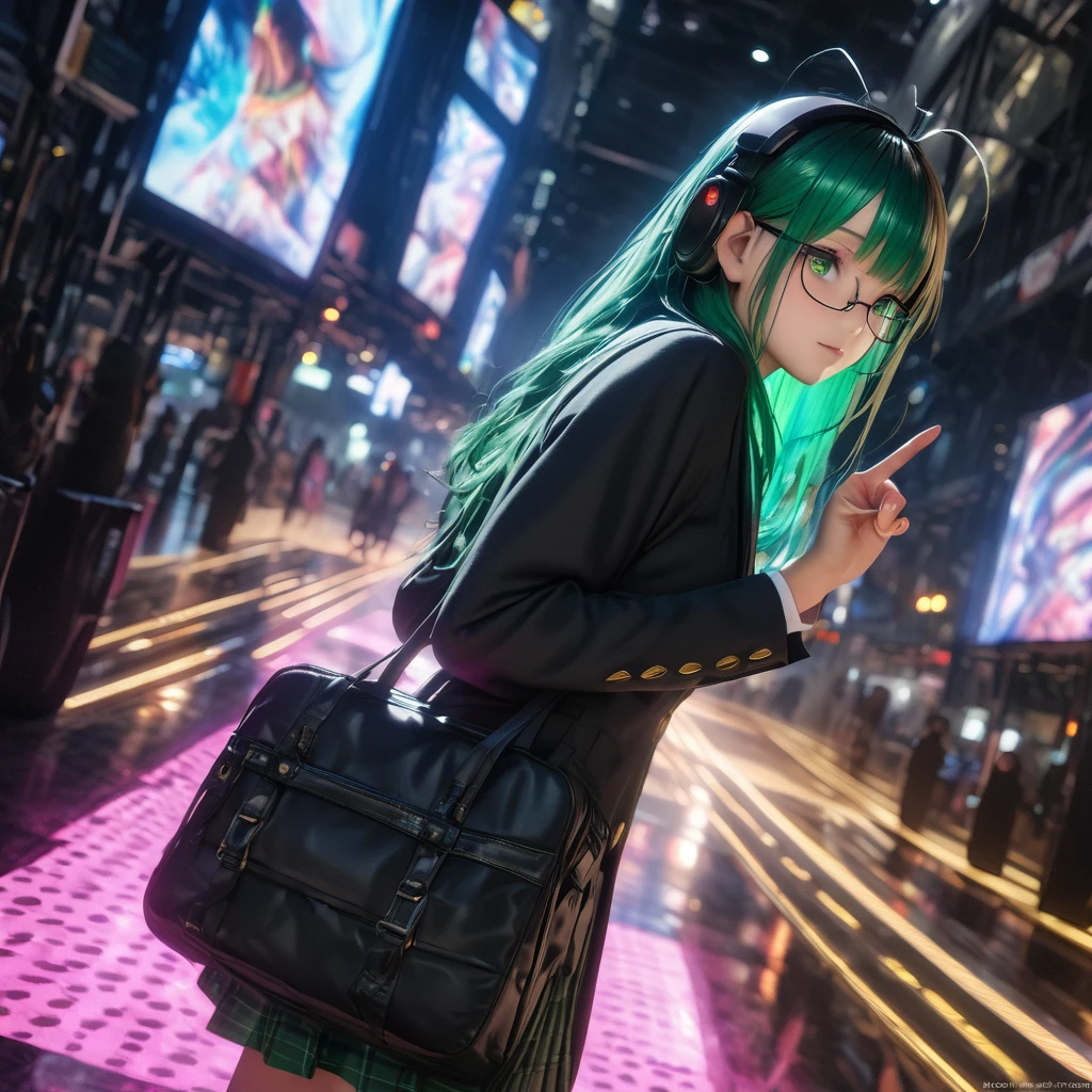 background crowded train of Tokyo, dutch_angle, (masterpiece, photo_real, official_art, octane_render):1.33, ice_photography, double exposure prism,
1 girl, black school bag throw sky, point your finger at, (perfect anatomy, perfect hands only 5fingers), (detailed green eyes, jet-black long_hair, colored inner green ombre hair multicolored hair,antenna hair):1.21, diffused_natural_skin_glow, headphone, staring, (in black/green combination_school blazer, tartan plaid skirt), cherubic_face, melancholy, eyebrows, black_leather_shoes, bespectacled, thrusting_hand_out, light shadow symmetry, ethereal lighting, ray tracing,
repaint (jet-black long_hair, colored inner green hair):1.21,