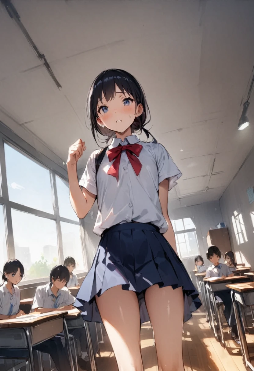 Air conditioning is broken、School、In the classroom、Sitting in a chair、Girl、Girl、Short、Younger、、Baby Face、flat chic Angle、masterpiece、best quality、ultra-detail、Summer sunshine、Miniskirt、The desks are lined up、There are several classmates behind me.、Clothing、Aze、surprise、anxiety、Sweat、window