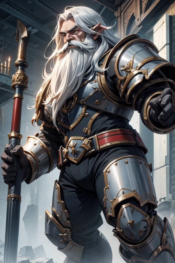 Dwarf engineer, defined mucles, long silver hair, long beard, saphire eyes, forge hammer, heavy adorned full plate armor