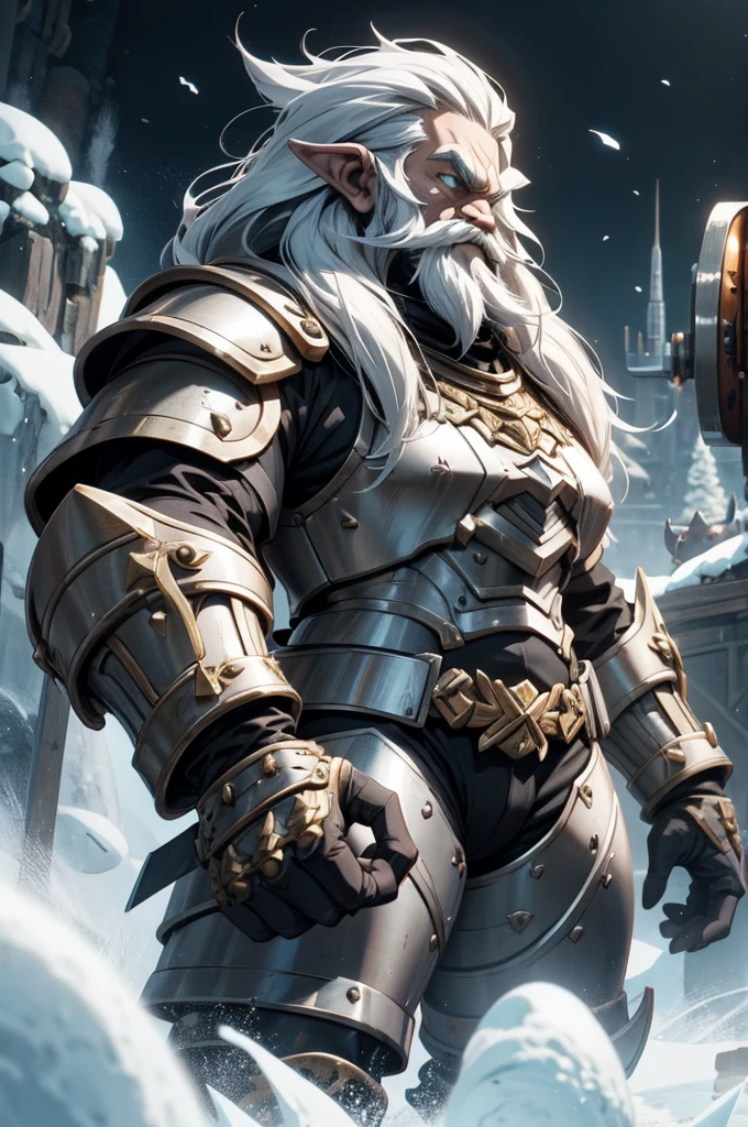 Dwarf engineer, defined mucles, long silver hair, long beard, saphire eyes, forge hammer, heavy adorned full plate armor