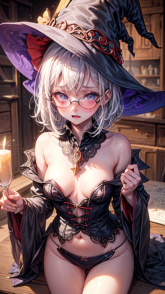 (Highest quality, masterpiece), Intricate details, Sexual, (((witch))), (Witch Hat), ((Unbuttoned Witch's Clothes)), orgasm, Love juice, Small breasts, Pussy, , , White Hair, messy short hair, Wearing glasses, Plain girl, Very embarrassed face, blush, ((Whole body)), Blurred Background, Medieval bedroom,