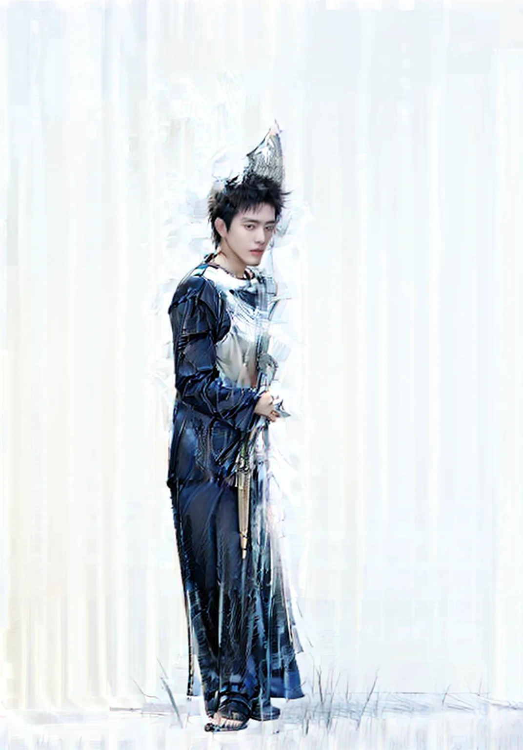 ((Masterpiece)), (best quality), (very detailed), ((very detailed)), 4k, (8k), character holding a lao reed mouthorgan  and wearing a blue shirt, a human bard, rpg portrait full body, fullbody shot, fox nobushi holding a naginata, full body character, fullbody photo, with large sword, fullbody rpg portrait, with lao reed mouthorgan, yakisugi, full body wide shot, leaked image, single character full body
