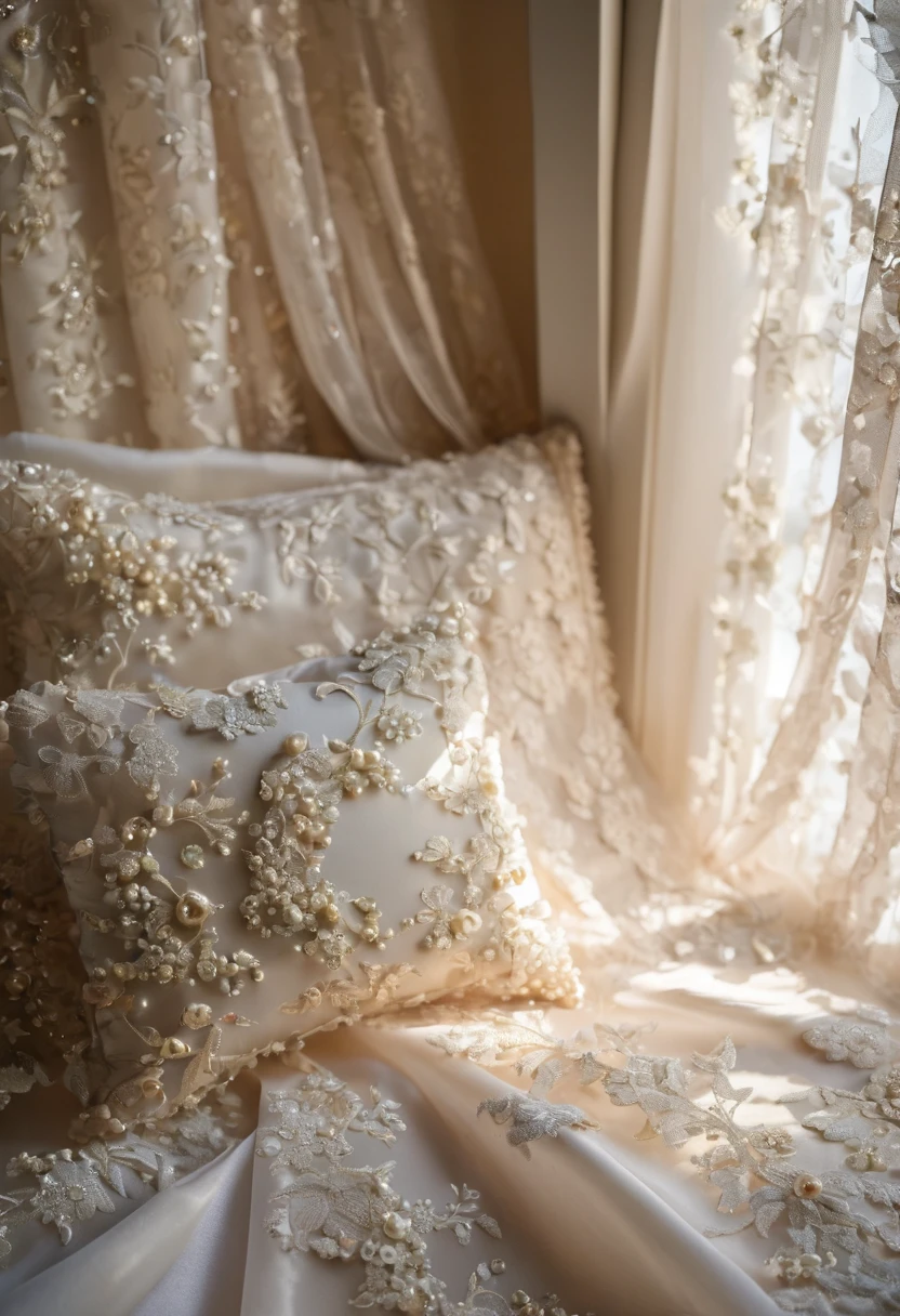 (((masterpiece))), (((Highest quality))), ((Super detailed)), ((非常にdelicateで美しい)), (最高masterpiece:1.4),delicate,8k,Fabric Wallpaper((Generate cloth only:1.4)),(Fabric filling the screen:1.4)Collage fabric,ghostwhite,Tulle,Pearl ornament,(Shabby chic)