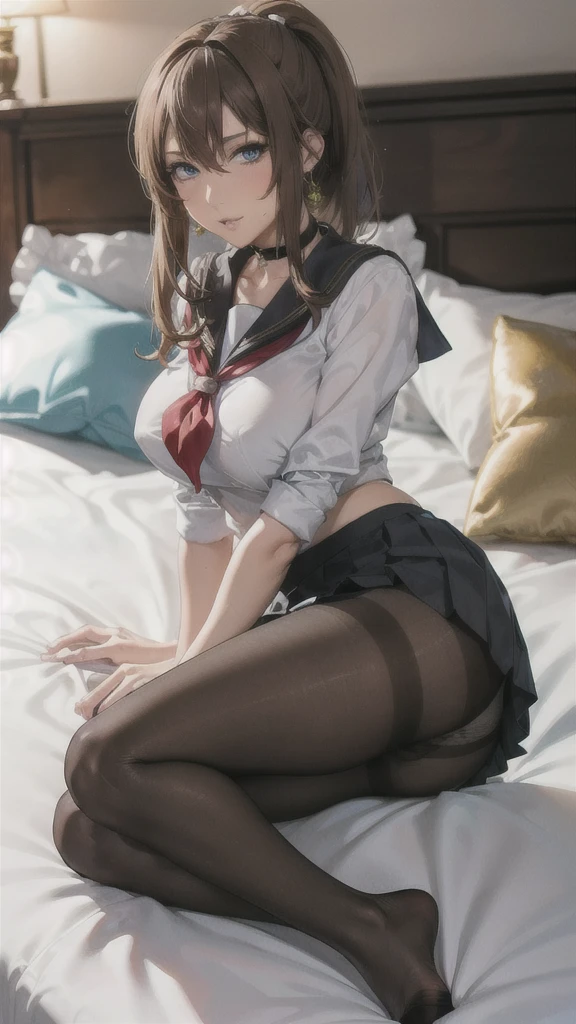 ((Correct Anatomy)),(Female student),((school uniform)),((Sailor suit)),((Lace panties)),(Mini Pleated Skirt),(((Black Pantyhose))),Ultra-high resolution,Mature Woman, Mature Woman, Very detailed,Sunburned skin,Brown Skin,((Beautiful feet)),(Big Breasts),((Beautiful legs)),Perfect hands, Detailed fingers, Beautiful details, ((Long Hair)),((ponytail)),Black Choker, Earrings,loafers,Embarrassing,Perfect Eyes, Captivating eyes,Luxury Bed