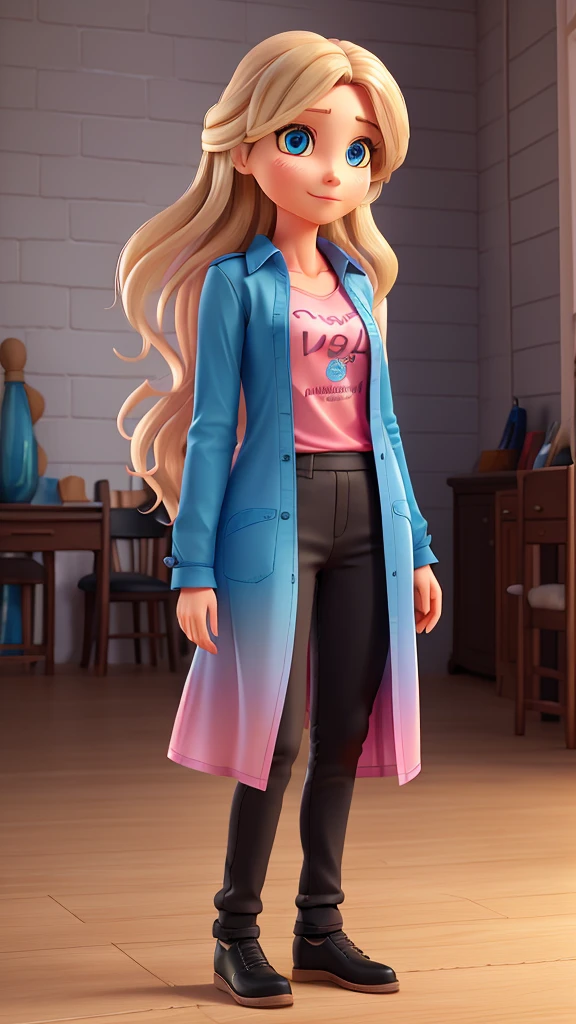 Woman looking 35 years old, long and wavy medium blonde hair, blue colored eyes. light-makeup, eyeliner and pink lipstick.  Wear a shirt with Yunnies Brasil written on it, wear tight black pants, and a long maxi coat in BLACK. Standing posing for photo in a beautiful city. 3D drawing with precise proportions, posing for a professional photo.