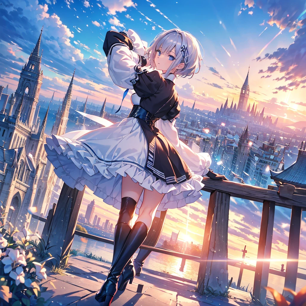 Illustration of one person, Dengeki Bunko, Woman Looking Back, Perfect Human Medicine, Woman keeps falling, {{{{{Maid clothes}}}}},Small Tits,anime, Two legs, Cool,{{{{{50 year old woman}}}}} ,{{{{{a person is depicted}}}}},(Official Art、{{{{{Upper Bodyアングル}}}}},Highest quality、Unity 8k wallpaper、32k、masterpiece、Ultra-detailed、Ultra-high resolution, Realistic、Grab your hair with your hands, Photorealistic:1.2)、(Cinema Lighting:1.2)、,Fire Glow Effect、The most grainy shadows on the film、Rim Light、Side light、Side Shot、(Ultra-detailedで複雑な3Dレンダリング)、Very short hair, Short wolf hair,細部までBeautiful Faceと目、Sharp pupils、Realistic生徒、Slender、Highly detailed background、Beautiful Face、Beautiful 16 year old girl、(Ultra-detailedなスキン、Detailed skin texture:1.Silver Hair:1.3)、Blunt bangs、blue eyes、{{{{{黒いMaid clothes}}}}}、White apron costume、Black knee socks、(Thighs Thighs Thighs Thighs:0.8)、Black Bhutanese sticks and a beautiful sunset、Medieval castle、Dancing on the Tower Roof、(avert your eyes、Overlooking the city:1.3)、Fantastic、Close your mouth and bite, Makes your face smaller, (Tabletop), Highest quality, Perfect Face, 1 Girl, alone, Eye color is light blue, Hair between the eyes, Very Short Hair, blue eyes, Silver Hair, Knee-high boots, corset,Black gloves, Long sleeve, Upper Body,