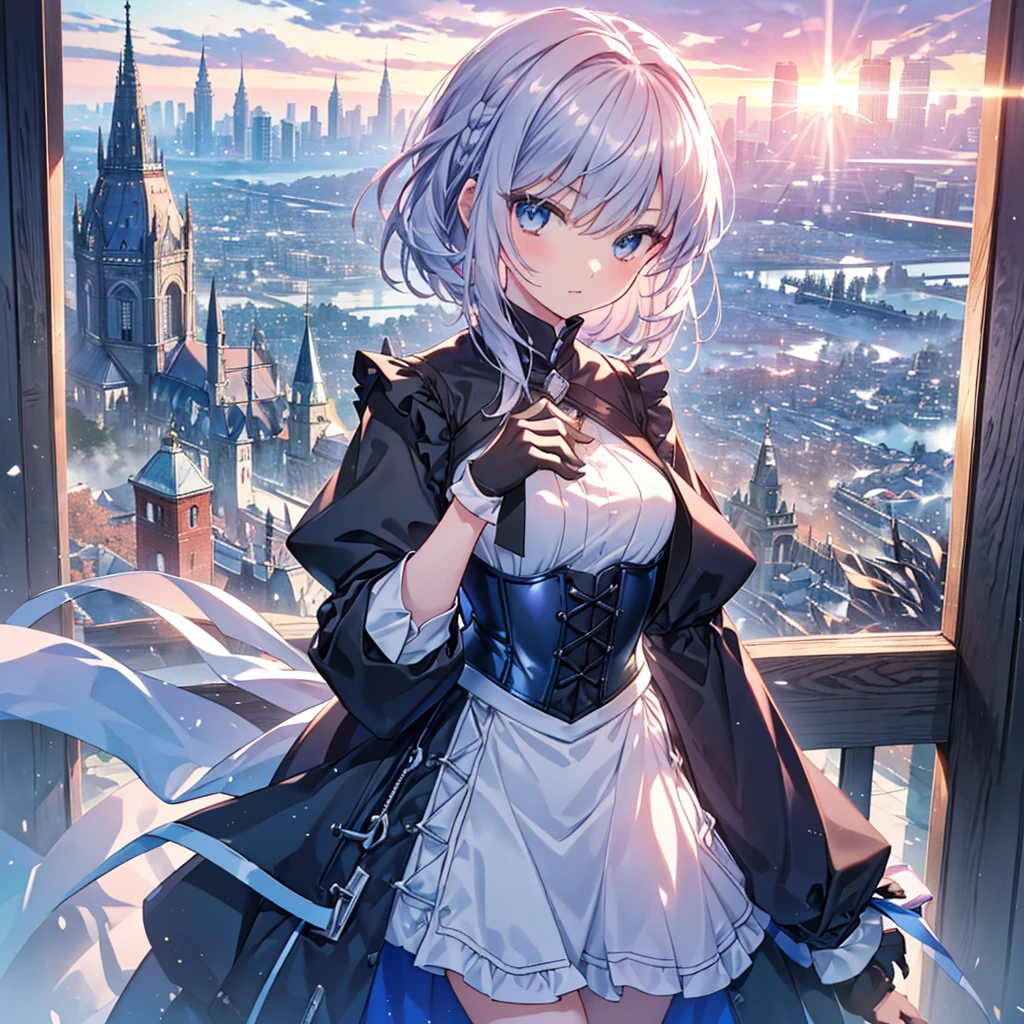 Illustration of one person, Dengeki Bunko, Woman Looking Back, Perfect Human Medicine, Woman keeps falling, {{{{{Maid clothes}}}}},Small Tits,anime, Two legs, Cool,{{{{{50 year old woman}}}}} ,{{{{{a person is depicted}}}}},(Official Art、{{{{{Upper Bodyアングル}}}}},Highest quality、Unity 8k wallpaper、32k、masterpiece、Ultra-detailed、Ultra-high resolution, Realistic、Grab your hair with your hands, Photorealistic:1.2)、(Cinema Lighting:1.2)、,Fire Glow Effect、The most grainy shadows on the film、Rim Light、Side light、Side Shot、(Ultra-detailedで複雑な3Dレンダリング)、Very short hair, Short wolf hair,細部までBeautiful Faceと目、Sharp pupils、Realistic生徒、Slender、Highly detailed background、Beautiful Face、Beautiful 16 year old girl、(Ultra-detailedなスキン、Detailed skin texture:1.Silver Hair:1.3)、Blunt bangs、blue eyes、{{{{{黒いMaid clothes}}}}}、White apron costume、Black knee socks、(Thighs Thighs Thighs Thighs:0.8)、Black Bhutanese sticks and a beautiful sunset、Medieval castle、Dancing on the Tower Roof、(avert your eyes、Overlooking the city:1.3)、Fantastic、Close your mouth and bite, Makes your face smaller, (Tabletop), Highest quality, Perfect Face, 1 Girl, alone, Eye color is light blue, Hair between the eyes, Very Short Hair, blue eyes, Silver Hair, Knee-high boots, corset,Black gloves, Long sleeve, Upper Body,