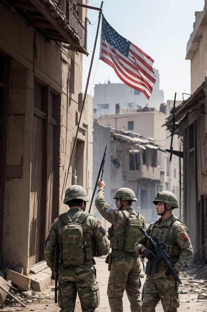 ((best quality)), ((masterpiece)), (detailed), soldiers raising a flag in war-torn city 