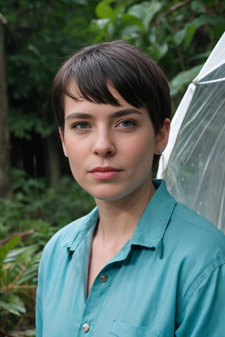Realistic photo of solo handsome tomboy short hair , standing in rain forest