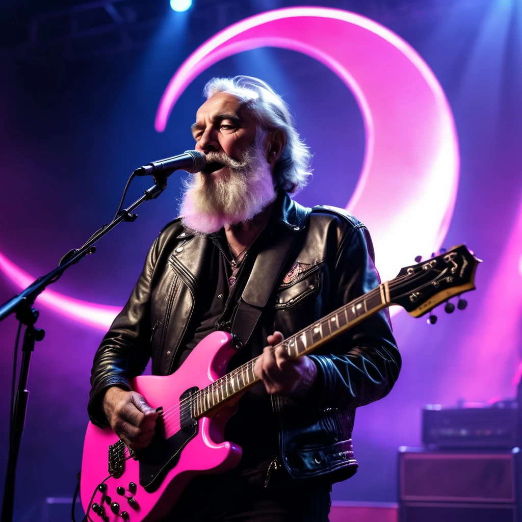 An old, bearded man standing in a leather jacket on a concert stage playing a pink guitar in the shape of a crescent moon, concert lighting, cinematic lighting, Full HD, 4K, LED lighting, neon light, euphoric atmosphere, heavy metal show, rock show, rock n roll.