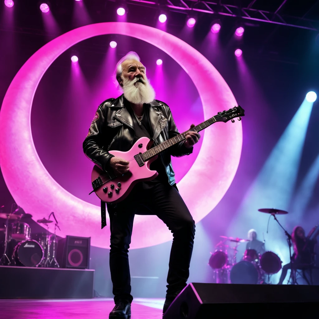 An old, bearded man standing in a leather jacket on a concert stage playing a pink guitar in the shape of a crescent moon, concert lighting, cinematic lighting, Full HD, 4K, LED lighting, neon light, euphoric atmosphere, heavy metal show, rock show, rock n roll.