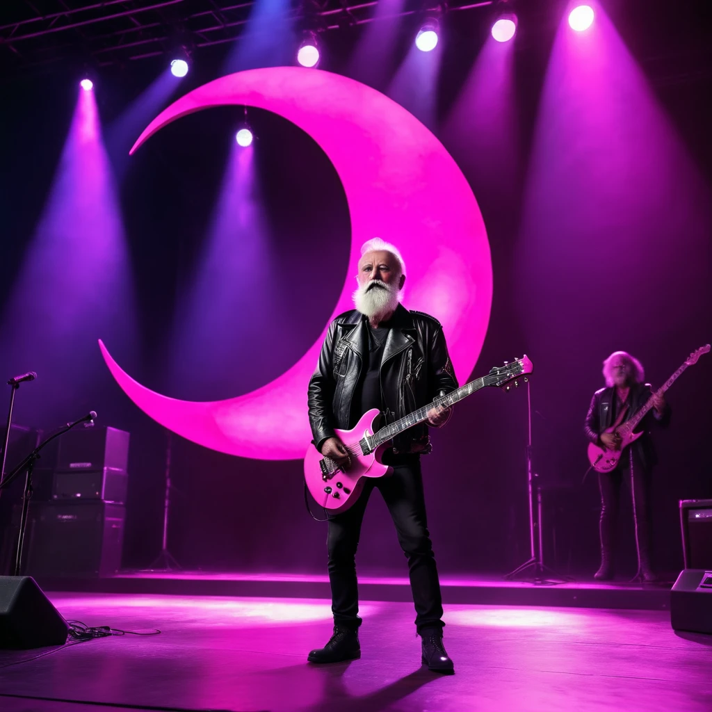 An old, bearded man standing in a leather jacket on a concert stage playing a pink guitar in the shape of a crescent moon, concert lighting, cinematic lighting, Full HD, 4K, LED lighting, neon light, euphoric atmosphere, heavy metal show, rock show, rock n roll.