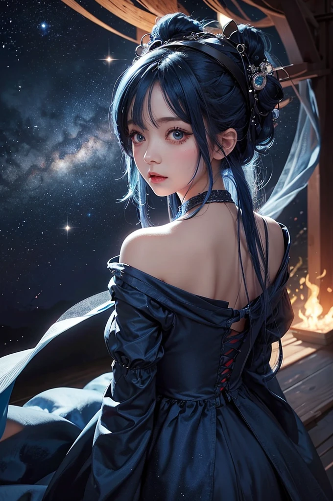 Ultra HD、A beautiful blue-haired character、Cute big eyes、Close camera angle、Red burning cheeks、Night scene with starry sky background、Wearing a gorgeous dress、Subtle details、A fantastic atmosphere、Anime style