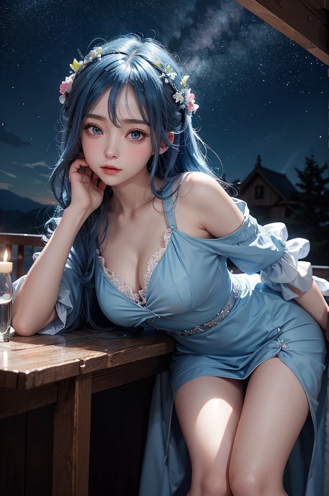 Ultra HD、A beautiful blue-haired character、Cute big eyes、Close camera angle、Red burning cheeks、Night scene with starry sky background、Wearing a gorgeous dress、Subtle details、A fantastic atmosphere、Anime style