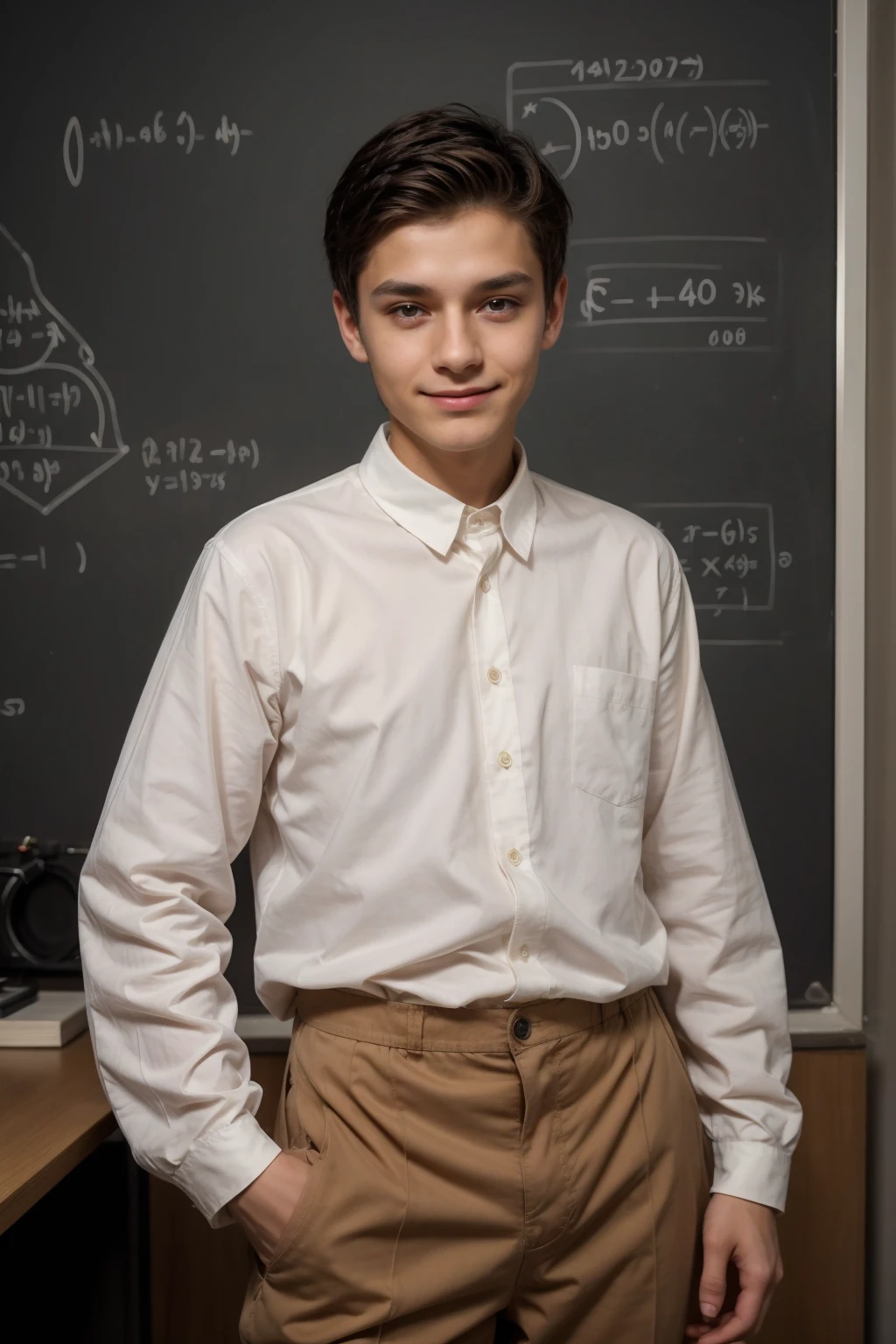A beautiful young male twink with black hair, wearing a long-sleeved white cotton shirt and brown pants. He is in his scientific office, and behind him is a blackboard with calculus written on it. He looks on proudly with a face with makeup on.