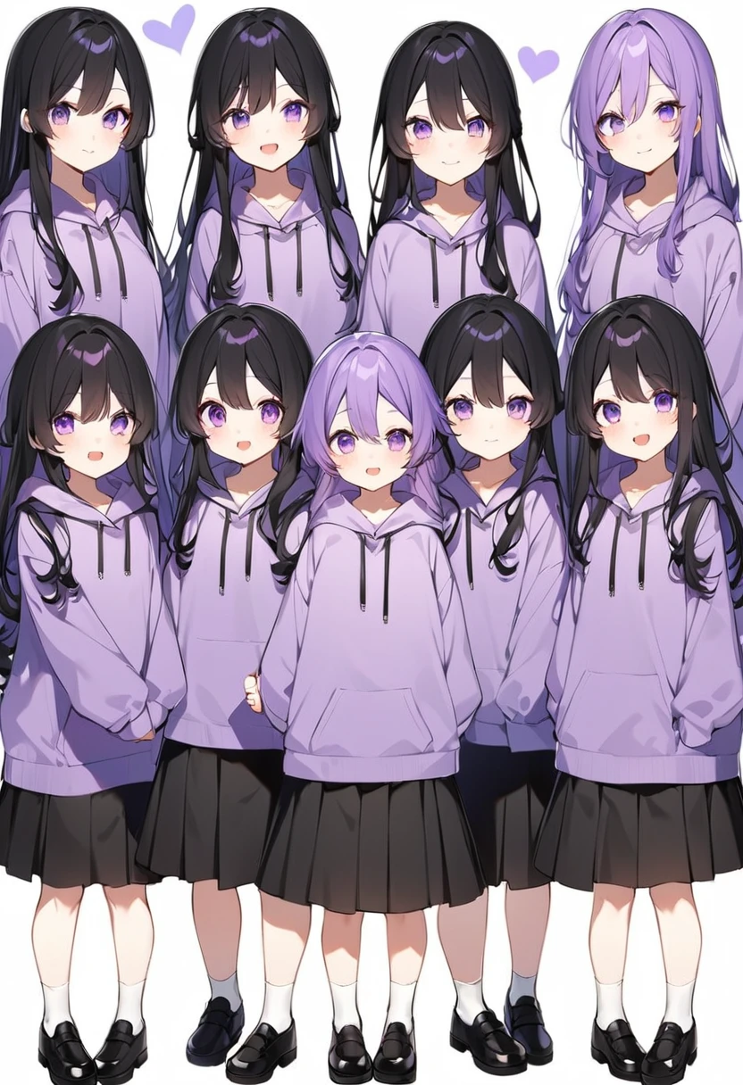 Keito。Purple hoodie。Black Skirt。Purple Eyes。Black Hair。Black shoes下。Black shoes。6 sistery eldest daughter has lavender hair.。all female。Sextuplets