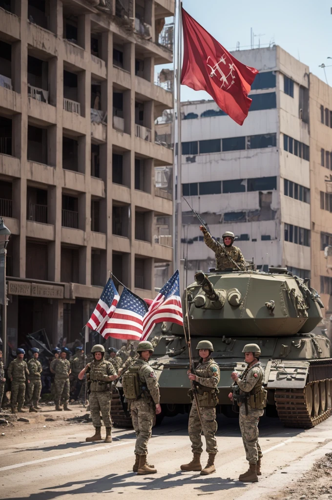 ((best quality)), ((masterpiece)), (detailed), soldiers raising a flag in war-torn city 