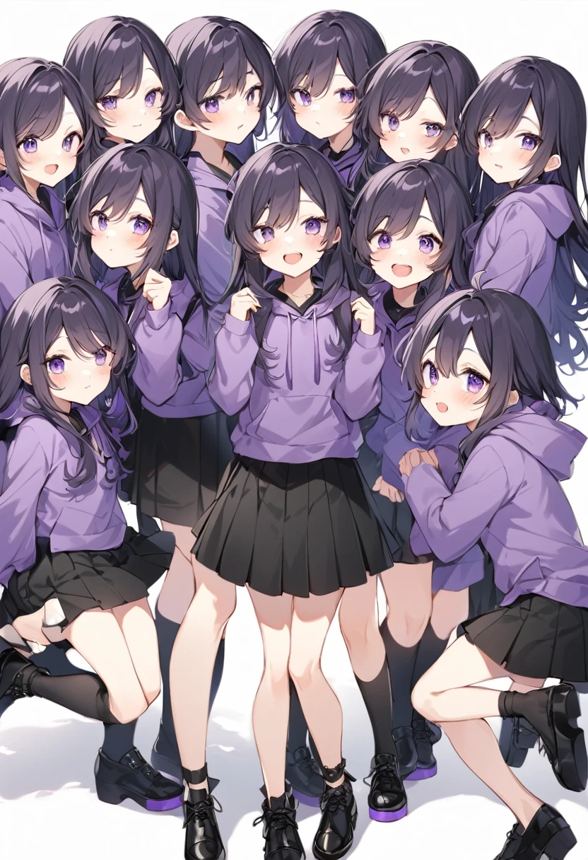 Keito。Purple hoodie。Black Skirt。Purple Eyes。Black Hair。Black shoes下。Black shoes。6 sistery eldest daughter has lavender hair.。all female。Sextuplets