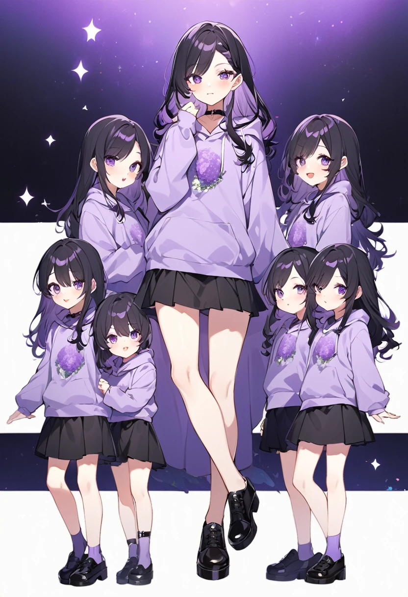 Keito。Purple hoodie。Black Skirt。Purple Eyes。Black Hair。Black shoes下。Black shoes。6 sistery eldest daughter has lavender hair.。all female。Sextuplets