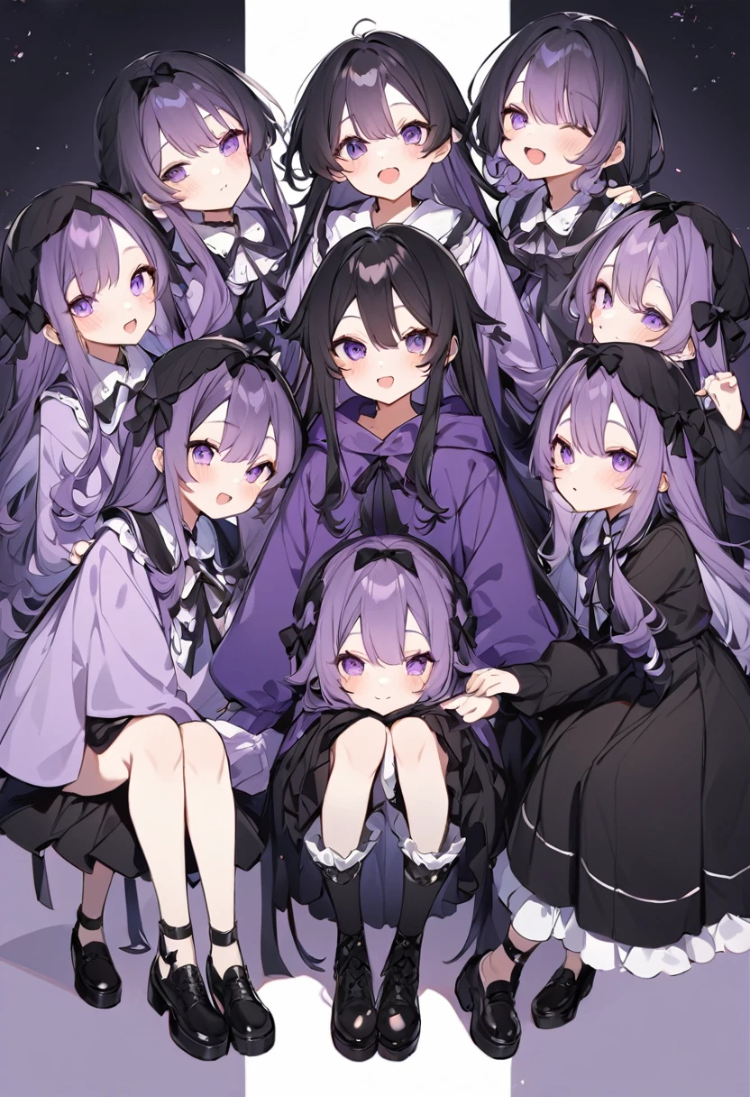 Keito。Purple hoodie。Black Skirt。Purple Eyes。Black Hair。Black shoes下。Black shoes。six sistery eldest daughter has lavender hair.。all female。Sextuplets。