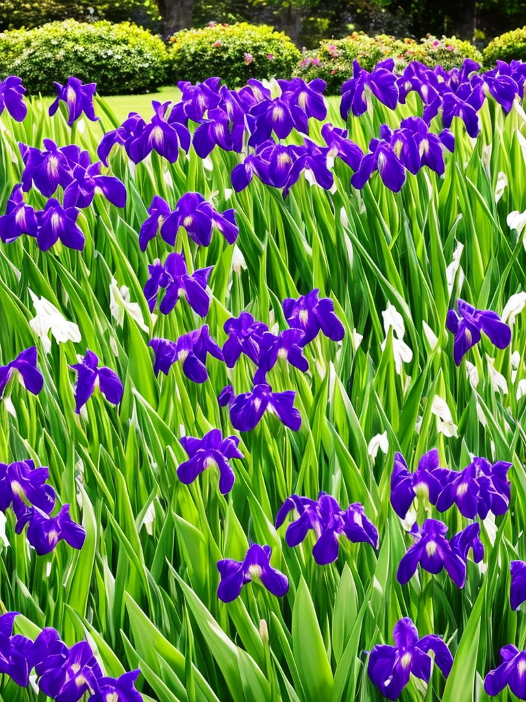 purple flowers line the edge of a garden with green grass, a pastel by Bernard D’Andrea, flickr, fine art, beautiful border, irises, encompass violet irises, soulful irises, wide irises, iris, cube shaped irises, violet and black, their irises are red, indigo blooming flowers garden, incredibly beautiful, rich contrast