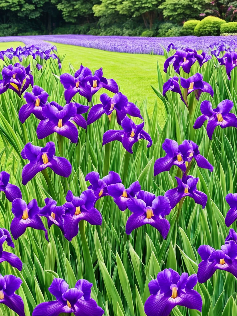 purple flowers line the edge of a garden with green grass, a pastel by Bernard D’Andrea, flickr, fine art, beautiful border, irises, encompass violet irises, soulful irises, wide irises, iris, cube shaped irises, violet and black, their irises are red, indigo blooming flowers garden, incredibly beautiful, rich contrast
