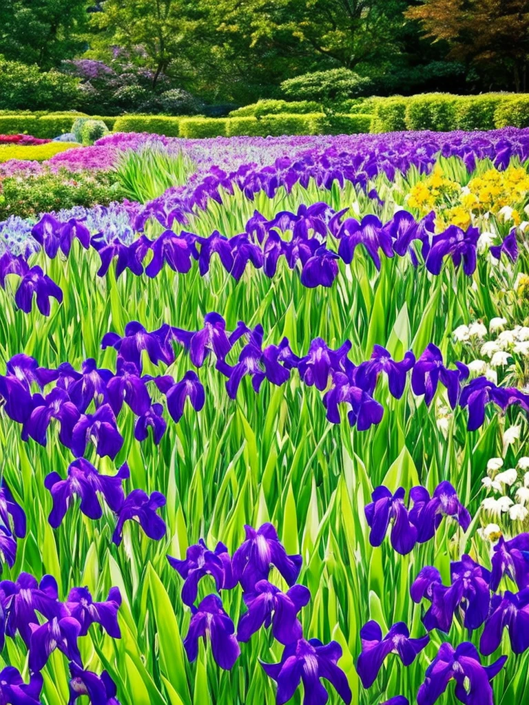 purple flowers line the edge of a garden with green grass, a pastel by Bernard D’Andrea, flickr, fine art, beautiful border, irises, encompass violet irises, soulful irises, wide irises, iris, cube shaped irises, violet and black, their irises are red, indigo blooming flowers garden, incredibly beautiful, rich contrast