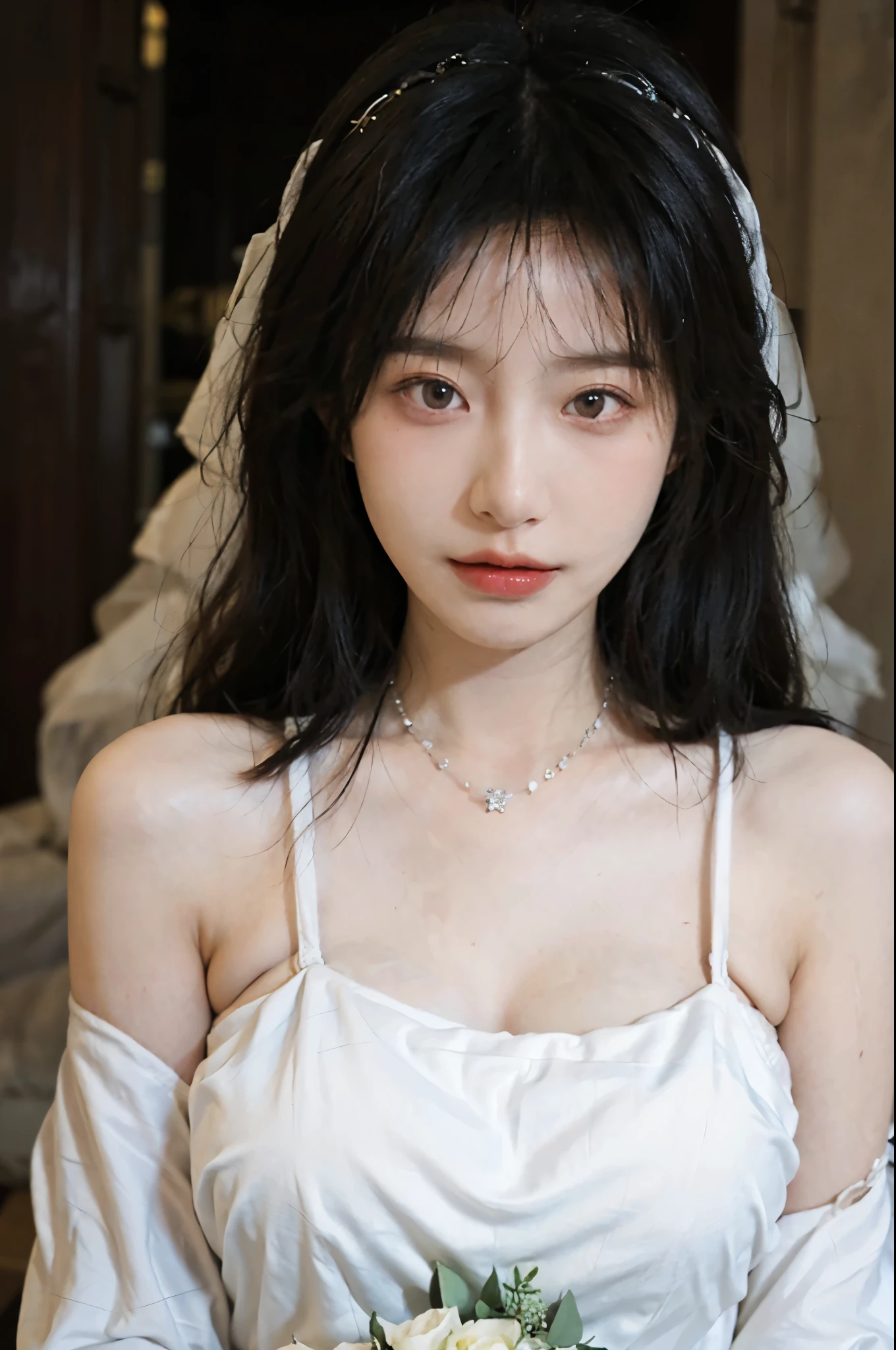 Portrait photography，1 girl，church，White Wedding Dress，White veil，Beautiful wedding dress，???? shoulders，Lipstick，(???????????:1.6)，Shoulder-Length Wavy Hair，Wear a necklace，Headband，serene，calm，(Realistic and detailed eyes，Natural skin texture，Realistic facial details)，
