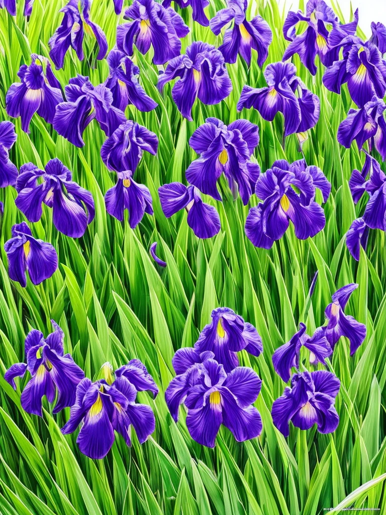 purple flowers line the edge of a garden with green grass, a pastel by Bernard D’Andrea, flickr, fine art, beautiful border, irises, encompass violet irises, soulful irises, wide irises, iris, cube shaped irises, violet and black, their irises are red, indigo blooming flowers garden, incredibly beautiful, rich contrast