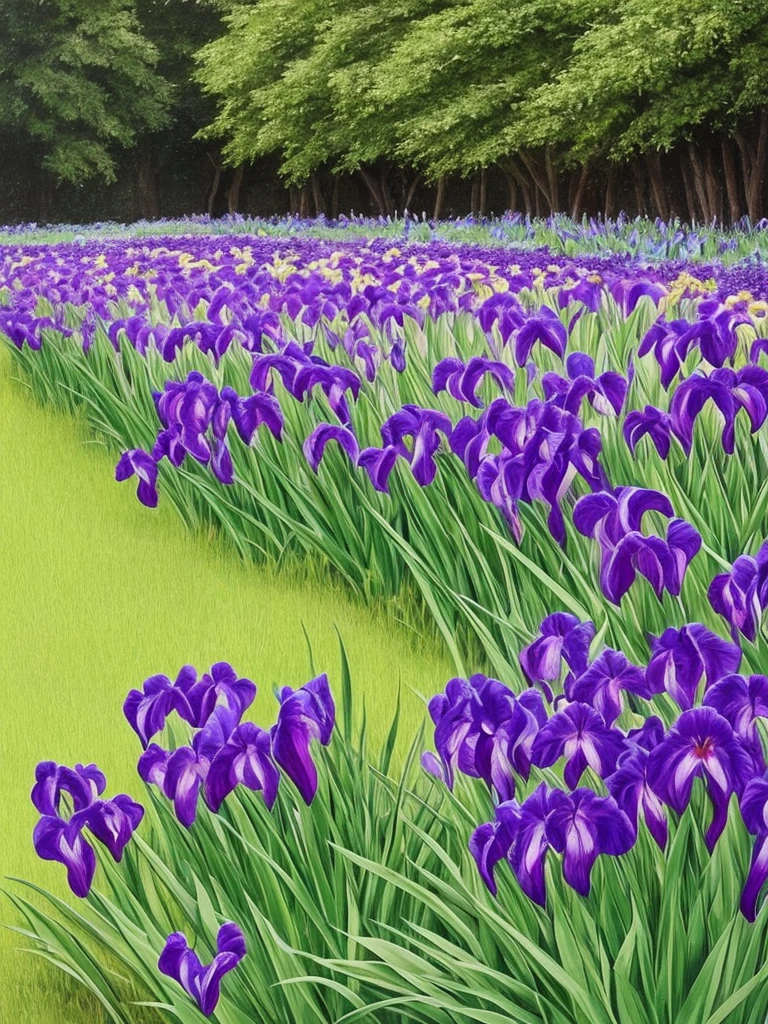 purple flowers line the edge of a garden with green grass, a pastel by Bernard D’Andrea, flickr, fine art, beautiful border, irises, encompass violet irises, soulful irises, wide irises, iris, cube shaped irises, violet and black, their irises are red, indigo blooming flowers garden, incredibly beautiful, rich contrast