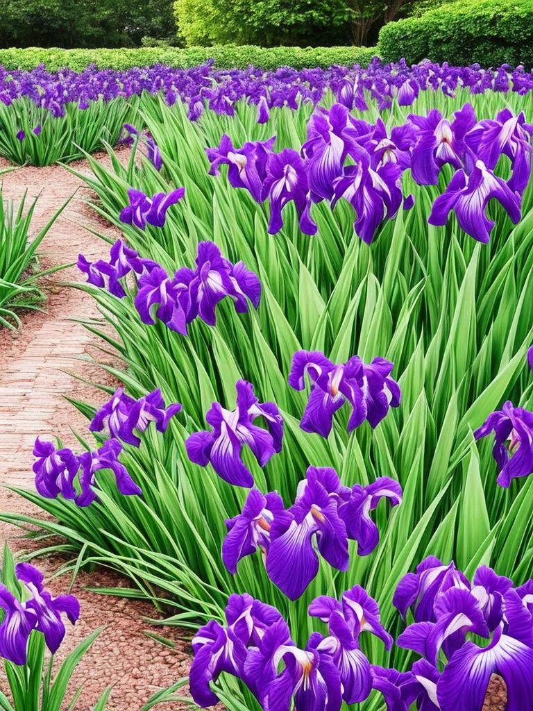 purple flowers line the edge of a garden with green grass, a pastel by Bernard D’Andrea, flickr, fine art, beautiful border, irises, encompass violet irises, soulful irises, wide irises, iris, cube shaped irises, violet and black, their irises are red, indigo blooming flowers garden, incredibly beautiful, rich contrast