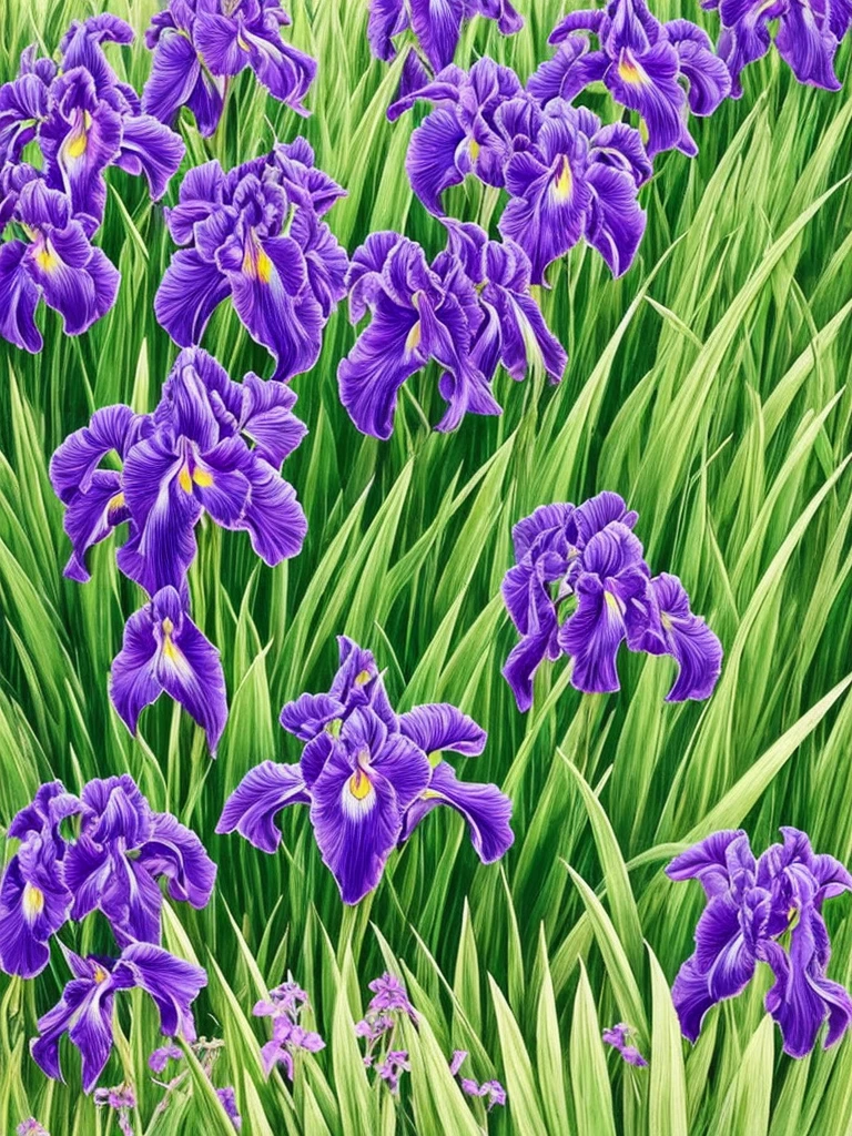 purple flowers line the edge of a garden with green grass, a pastel by Bernard D’Andrea, flickr, fine art, beautiful border, irises, encompass violet irises, soulful irises, wide irises, iris, cube shaped irises, violet and black, their irises are red, indigo blooming flowers garden, incredibly beautiful, rich contrast
