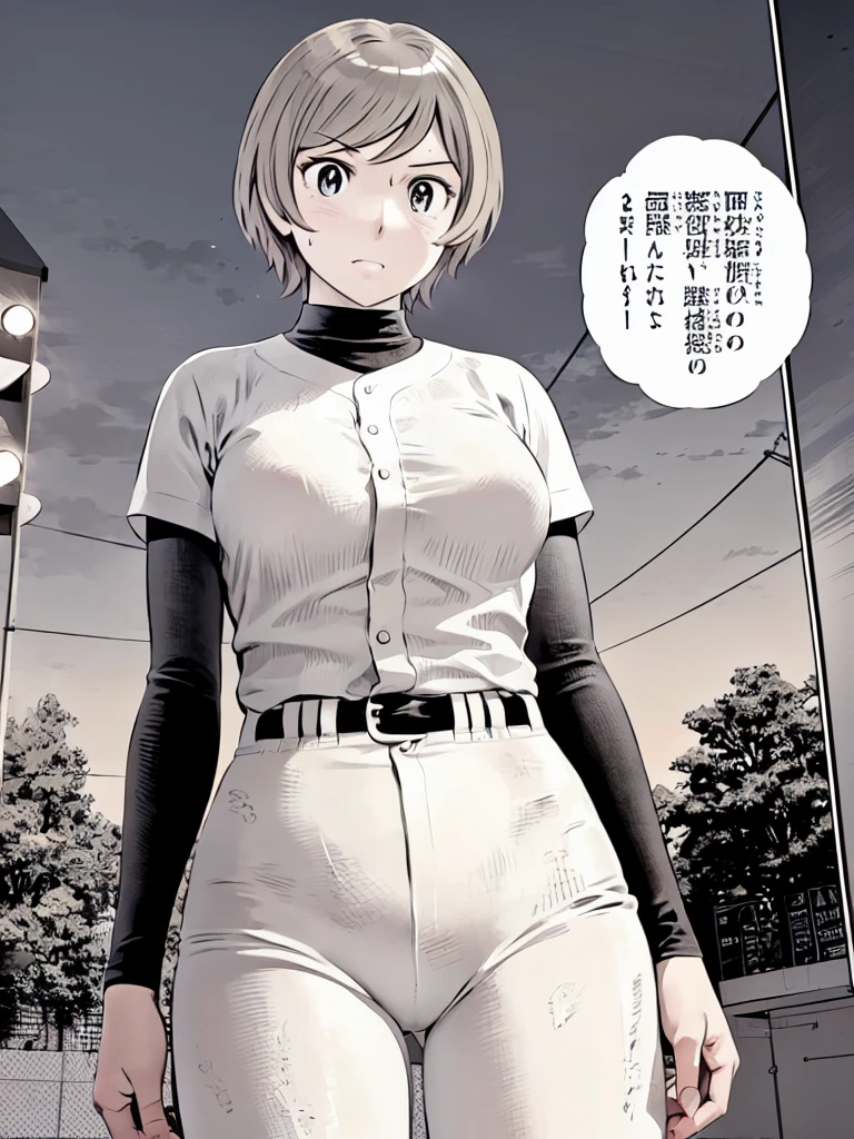 (野球uniform:1.2),
blonde, (short hair:1.2),Long sleeve, Black Shirt, turtleneck,White trousers、uniform、Black belt、((Illustration of a person))、big 、Muddy、Soil stains、ドロドロのuniform、
View your audience,, (Highest quality:1.3),One Girl, White pants、uniform、Outdoor、baseball ground、ground、soil、blue eyes、Tight black shirt、(masterpiece、Highest quality)、Highest quality, Ultra-high resolution, (((masterpiece))), alone, Sweat、big eyes、big Breasts、Torn clothes、 Fully exposed、Nipples、One Girl, Front view、Embarrassed face、Bronze colored hair、((short hair))、Stand up straight、Cowboy Shot