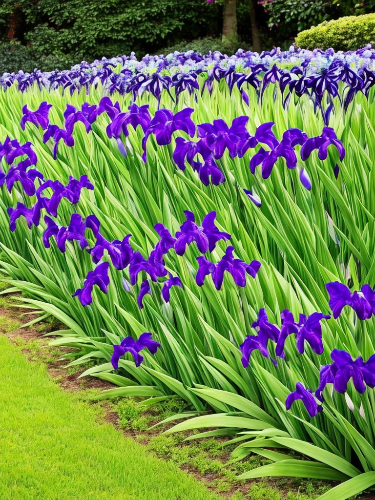 purple flowers line the edge of a garden with green grass, a pastel by Bernard D’Andrea, flickr, fine art, beautiful border, irises, encompass violet irises, soulful irises, wide irises, iris, cube shaped irises, violet and black, their irises are red, indigo blooming flowers garden, incredibly beautiful, rich contrast