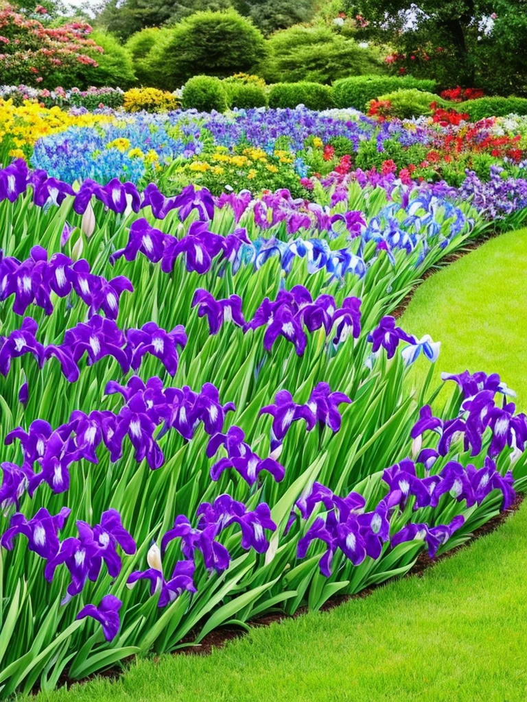 purple flowers line the edge of a garden with green grass, a pastel by Bernard D’Andrea, flickr, fine art, beautiful border, irises, encompass violet irises, soulful irises, wide irises, iris, cube shaped irises, violet and black, their irises are red, indigo blooming flowers garden, incredibly beautiful, rich contrast