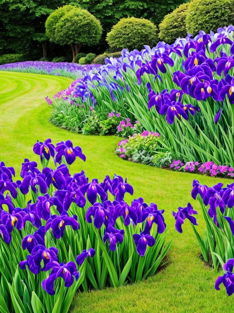 purple flowers line the edge of a garden with green grass, beautiful border, irises, encompass violet irises, soulful irises, wide irises, iris, cube shaped irises, violet and black, their irises are red, indigo blooming flowers garden, incredibly beautiful, rich contrast, focus on iris, good contrast, no irises, purple and black