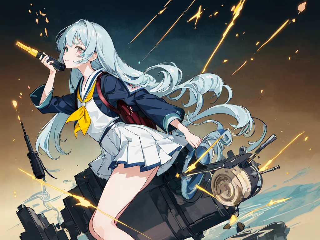 The main illustrations include a school bag, a rifle, and a hot sailor suit. Please follow the instructions below and create an illustration as if you were a professional illustrator who is ``good at expressing Japanese anime illustrations.'' Please generate the ultra-best depiction of the characteristic drawing style and painting method of Japanese anime illustrations as an ukiyo-e illustration that conveys the cuteness and cuteness.

1. Ultra best background "Shining mist, illumination, mixed taste of blue and gold, gradation, glittering floral pattern, shading, flashy, vivid, warmth, gentleness, softness, brilliance, inclusiveness, liveliness"

2. Ultra's best person: "Bright eyes, happy smile, Lolita, beautiful girl, double eyelids, make-up, neat, kind and bright personality, bewitching"

3. Ultra's best character items and weapons: "Cute school bag, cool rocket launcher"

4. Ultra's best human expression: "Sexy miniskirt, hot sailor suit, glowing rocket launcher"

5. The best poses for Ultra characters: “Sitting, crouching, holding a rocket launcher, leaning forward, shooting, sniping”

6. Ultra best drawing method "Paints, illustrations, watercolors, pencils and brushing"

7. Ultra best depiction "Japanese anime taste, three-dimensional effect, graphic design, visual art, depth, flashy patterns and colorful finish"

8. Ultra's highest generation level "Ultra's highest depiction performance, Ultra's highest degree of perfection, Ultra's highest quality, Ultra's finest masterpiece, Ultra's highest ultra-high resolution"

9. Use delicate expressions and careful finishing.

10. Adjust the contrast and brightness balance.

11. Finally, add the following content: Smooth and soft, with beautiful curves. Generates clear details. Generates illustrations with delicate and accurate drawing power and feminine brush feel and pressure.