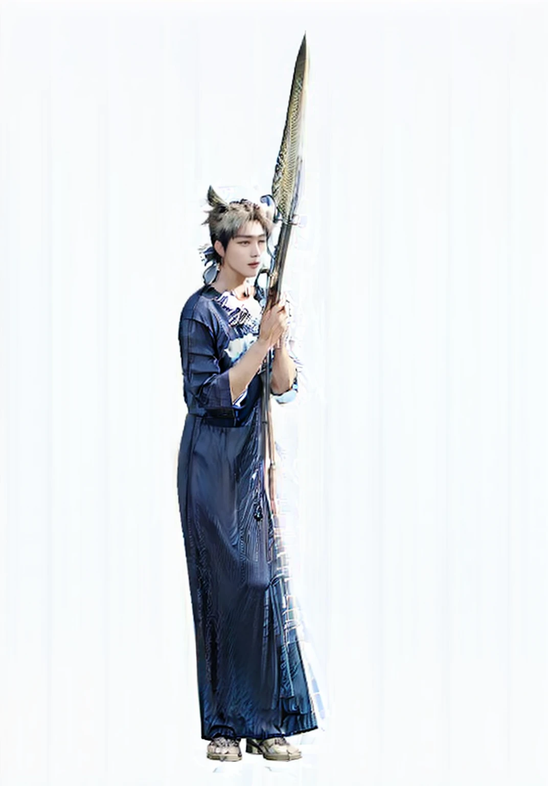 ((Masterpiece)), (best quality), (very detailed), ((very detailed)), 4k, (8k), character holding a lao reed mouthorgan and wearing a blue shirt, a human bard, rpg portrait full body, fullbody shot, fox nobushi holding a naginata, full body character, fullbody photo, with large sword, fullbody rpg portrait, with lao reed mouthorgan, yakisugi, full body wide shot, leaked image, single character full body