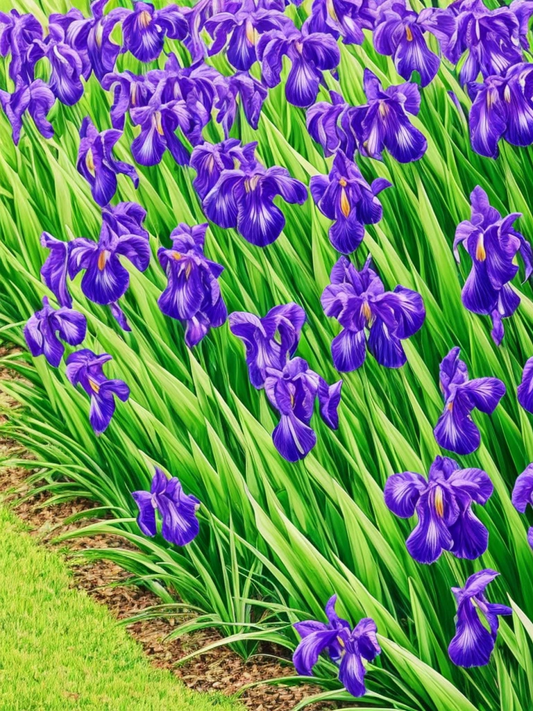 purple flowers line the edge of a garden with green grass, a pastel by Bernard D’Andrea, flickr, fine art, beautiful border, irises, encompass violet irises, soulful irises, wide irises, iris, cube shaped irises, violet and black, their irises are red, indigo blooming flowers garden, incredibly beautiful, rich contrast