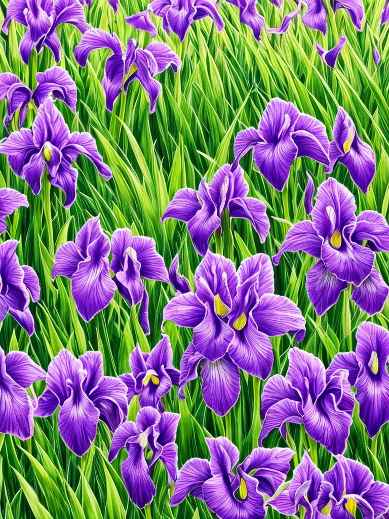 purple flowers line the edge of a garden with green grass, a pastel by Bernard D’Andrea, flickr, fine art, beautiful border, irises, encompass violet irises, soulful irises, wide irises, iris, cube shaped irises, violet and black, their irises are red, indigo blooming flowers garden, incredibly beautiful, rich contrast