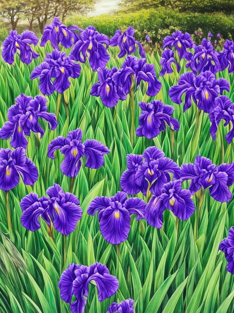 purple flowers line the edge of a garden with green grass, a pastel by Bernard D’Andrea, flickr, fine art, beautiful border, irises, encompass violet irises, soulful irises, wide irises, iris, cube shaped irises, violet and black, their irises are red, indigo blooming flowers garden, incredibly beautiful, rich contrast