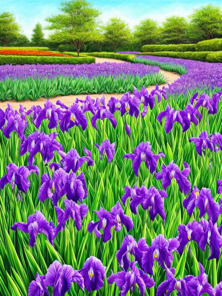 purple flowers line the edge of a garden with green grass, a pastel by Bernard D’Andrea, flickr, fine art, beautiful border, irises, encompass violet irises, soulful irises, wide irises, iris, cube shaped irises, violet and black, their irises are red, indigo blooming flowers garden, incredibly beautiful, rich contrast