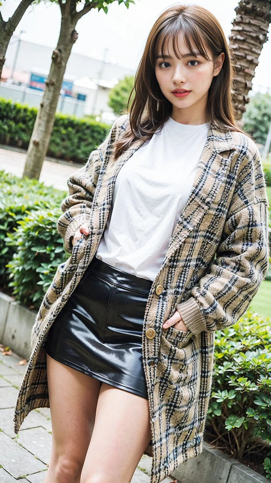 (8K、RAW Photos、Highest quality、masterpiece:1.2)、(Highest quality、Realistic)、1 Girl、((Long coat、mini skirt、one piece、Big Breasts、Breast enlargement、smile、black、mini skirt、Thin legs、whole body、boots、garden、View from the front、Stand with hands on hips))、cute
